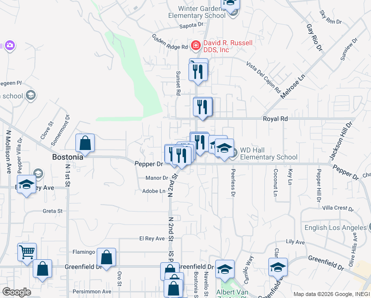 map of restaurants, bars, coffee shops, grocery stores, and more near 1227 Winter View Place in El Cajon