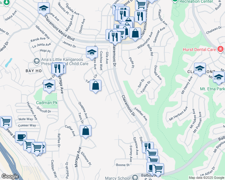 map of restaurants, bars, coffee shops, grocery stores, and more near 4410 Gila Avenue in San Diego