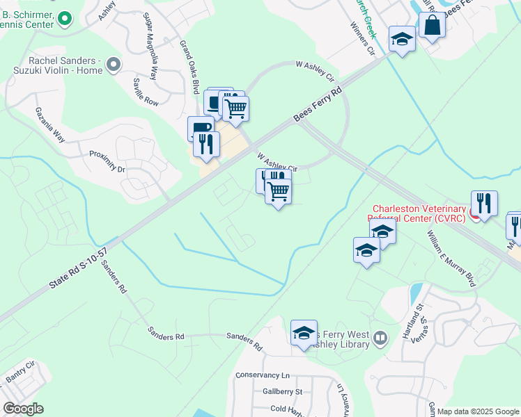 map of restaurants, bars, coffee shops, grocery stores, and more near 3951 West Ashley Circle in Charleston