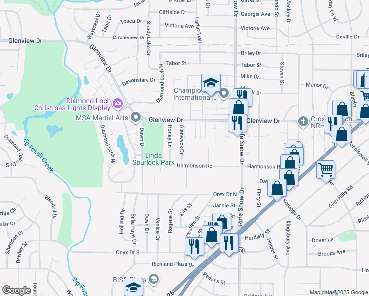 map of restaurants, bars, coffee shops, grocery stores, and more near 3936 Glenwyck Drive in North Richland Hills