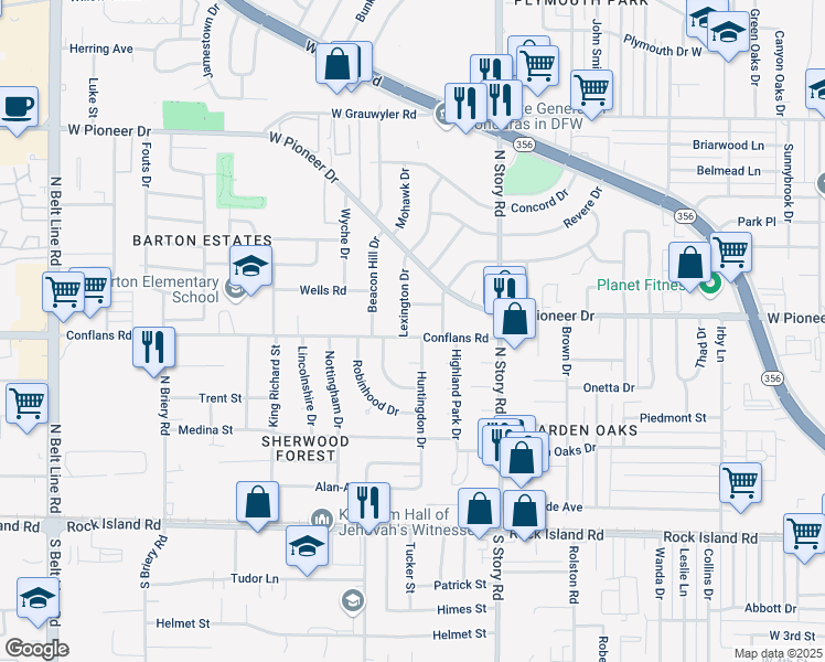 map of restaurants, bars, coffee shops, grocery stores, and more near 517 Huntingdon Drive in Irving