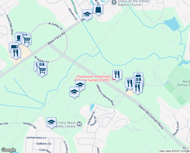 map of restaurants, bars, coffee shops, grocery stores, and more near 3427 Glenn McConnell Parkway in Charleston