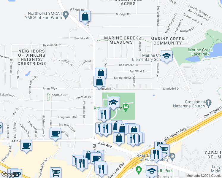 map of restaurants, bars, coffee shops, grocery stores, and more near Shadydell Drive in Fort Worth
