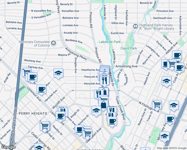 map of restaurants, bars, coffee shops, grocery stores, and more near 4206 Prescott Avenue in Dallas