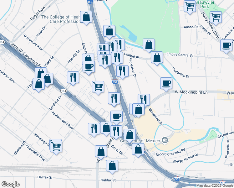 map of restaurants, bars, coffee shops, grocery stores, and more near 7785 North Stemmons Freeway in Dallas