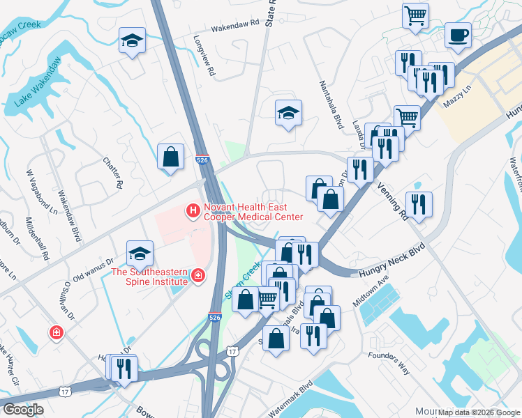 map of restaurants, bars, coffee shops, grocery stores, and more near 1211 Rosewood Lane in Mount Pleasant
