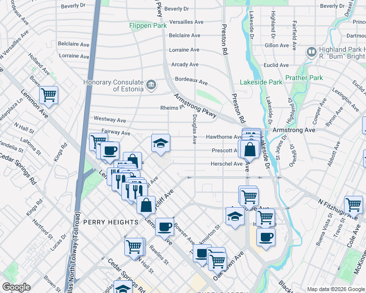 map of restaurants, bars, coffee shops, grocery stores, and more near 4018 Prescott Avenue in Dallas