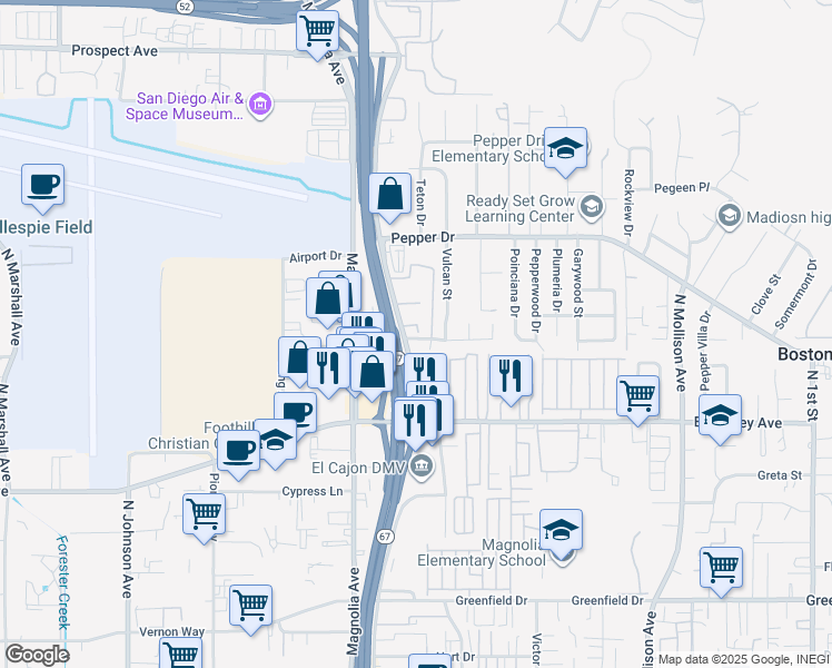 map of restaurants, bars, coffee shops, grocery stores, and more near 309 Sun Court in El Cajon