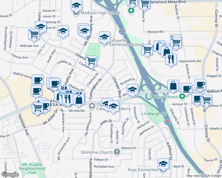 map of restaurants, bars, coffee shops, grocery stores, and more near 6824 Beadnell Way in San Diego