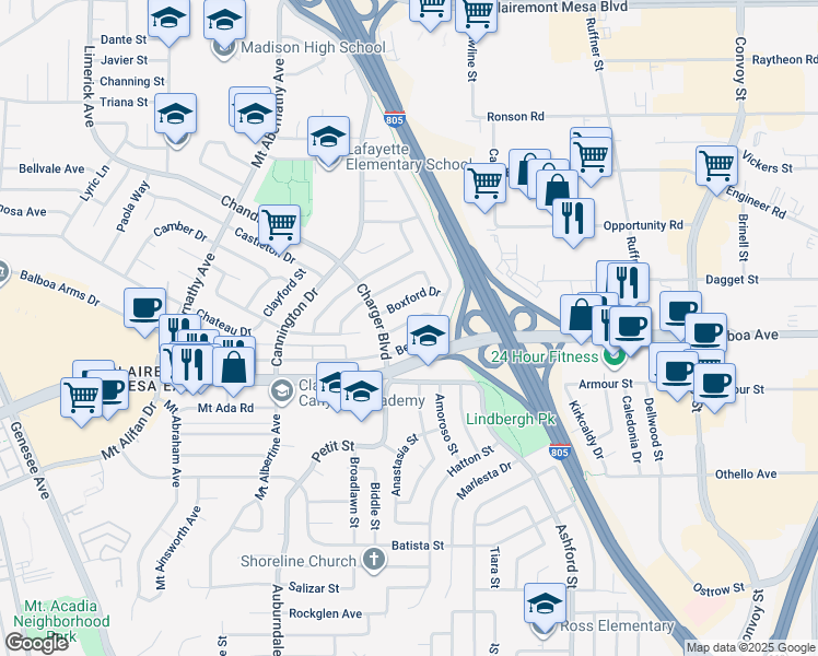 map of restaurants, bars, coffee shops, grocery stores, and more near 6939 Bettyhill Drive in San Diego