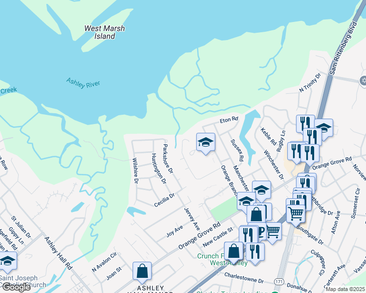 map of restaurants, bars, coffee shops, grocery stores, and more near 28 South Hampton Drive in Charleston