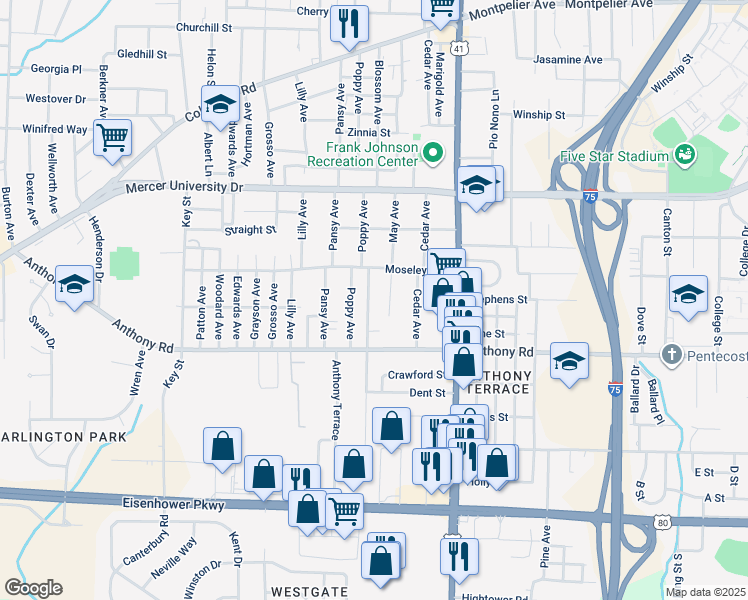map of restaurants, bars, coffee shops, grocery stores, and more near 820 Poppy Avenue in Macon