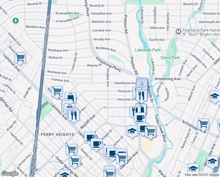 map of restaurants, bars, coffee shops, grocery stores, and more near 4358 Douglas Avenue in Dallas