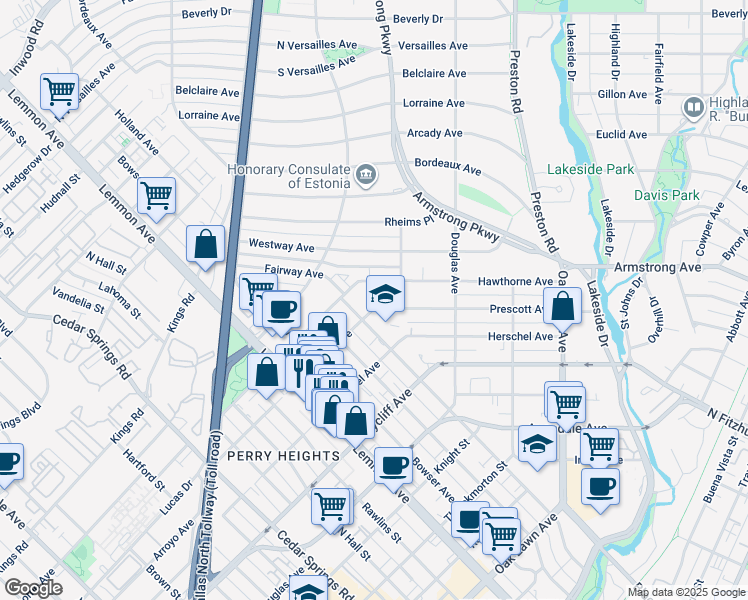 map of restaurants, bars, coffee shops, grocery stores, and more near 3917 Prescott Avenue in Dallas