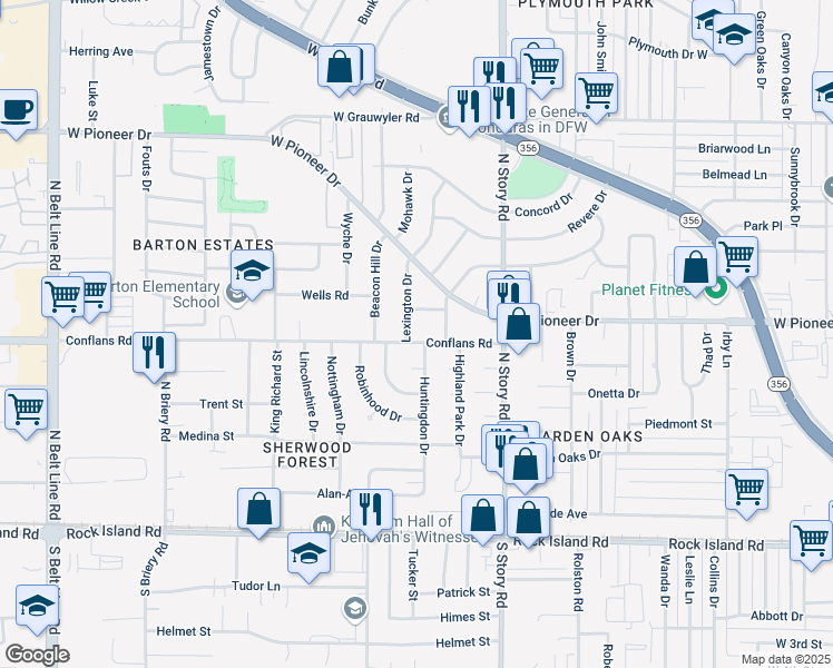 map of restaurants, bars, coffee shops, grocery stores, and more near 517 Huntingdon Drive in Irving