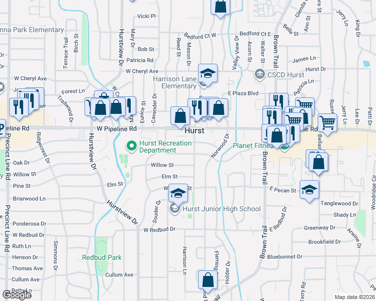 map of restaurants, bars, coffee shops, grocery stores, and more near 217 West Oak Drive in Hurst