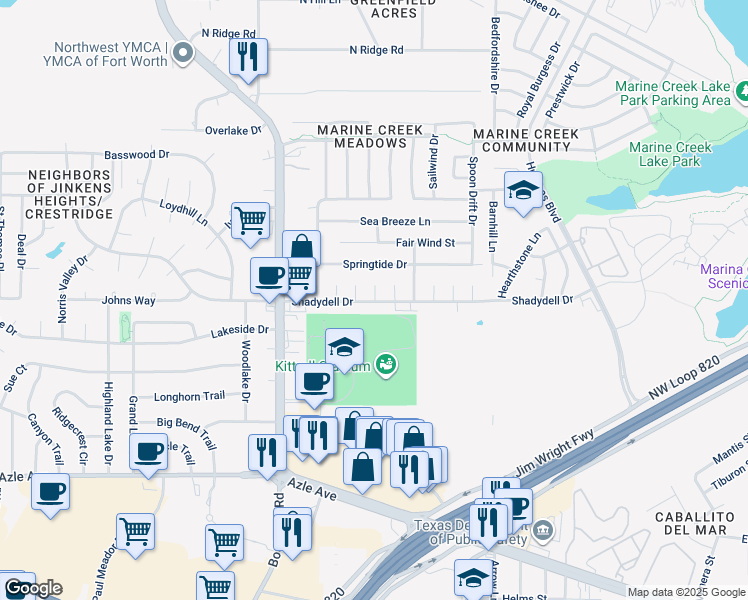 map of restaurants, bars, coffee shops, grocery stores, and more near 5839 Shadydell Drive in Fort Worth