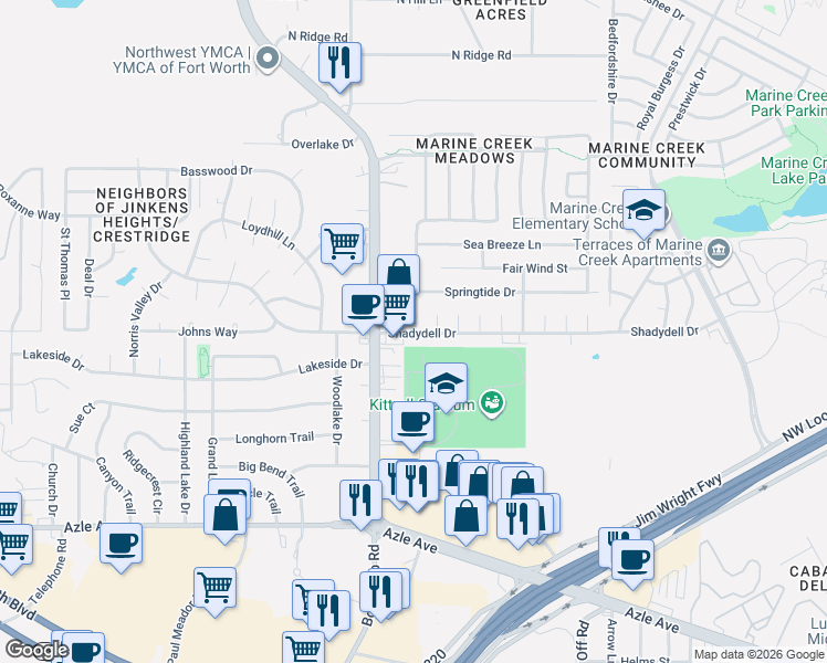 map of restaurants, bars, coffee shops, grocery stores, and more near 4450 Boat Club Road in Fort Worth