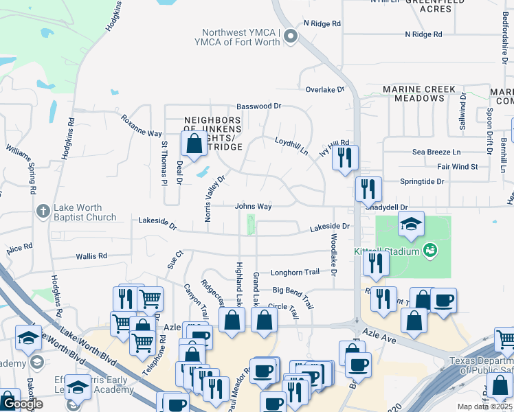 map of restaurants, bars, coffee shops, grocery stores, and more near Johns Way in Fort Worth