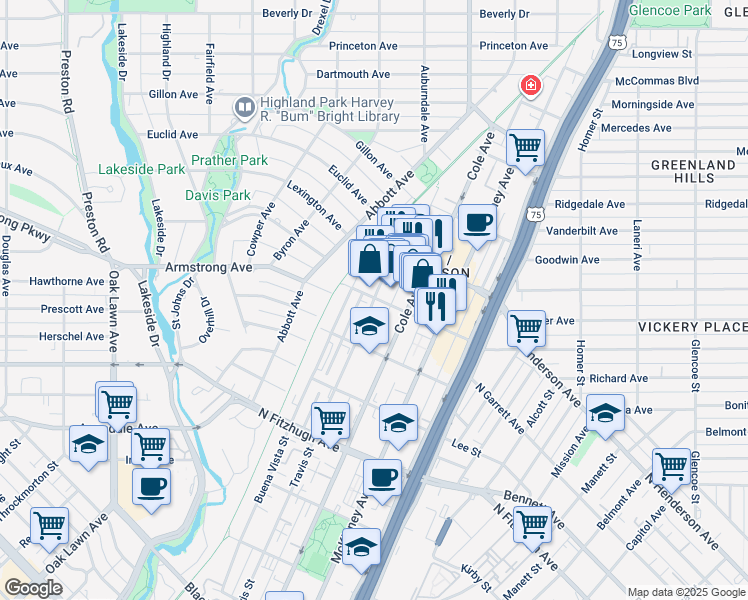 map of restaurants, bars, coffee shops, grocery stores, and more near 4488 Travis Street in Dallas