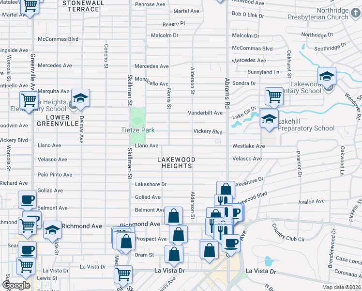 map of restaurants, bars, coffee shops, grocery stores, and more near Llano Avenue in Dallas