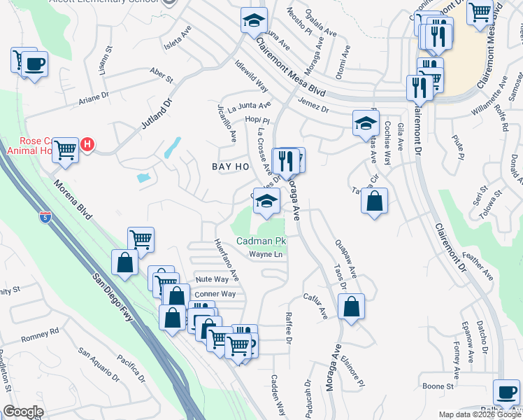 map of restaurants, bars, coffee shops, grocery stores, and more near 4370 Kamloop Avenue in San Diego