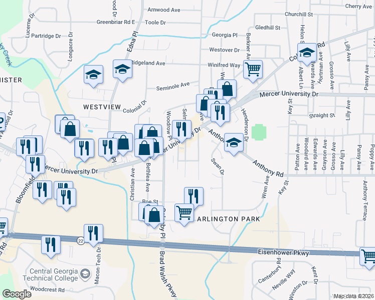 map of restaurants, bars, coffee shops, grocery stores, and more near 1724 Lafayette State in Macon