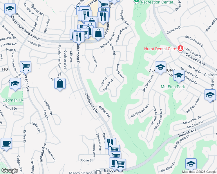 map of restaurants, bars, coffee shops, grocery stores, and more near 4203 Tolowa Street in San Diego