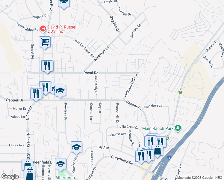 map of restaurants, bars, coffee shops, grocery stores, and more near 7948 Shalamar Drive in El Cajon