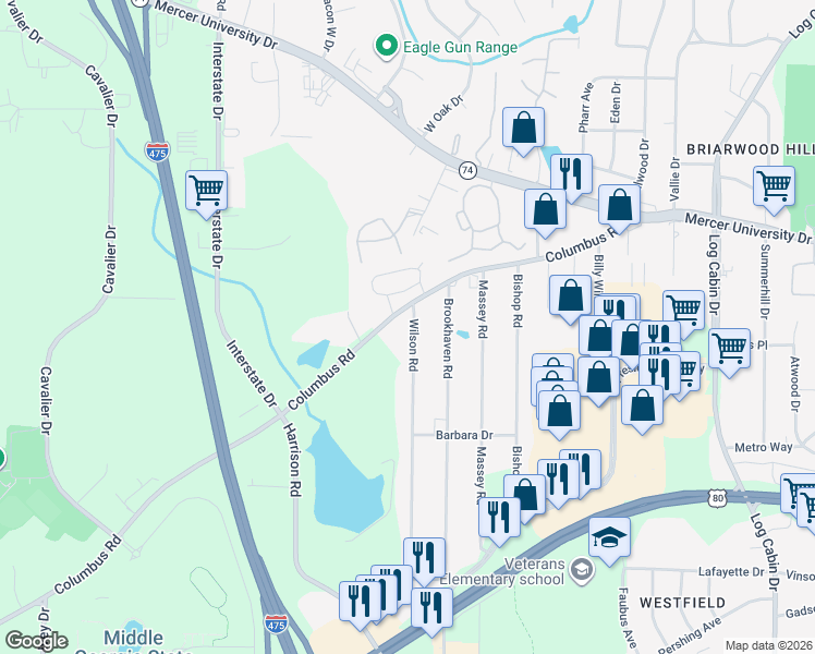 map of restaurants, bars, coffee shops, grocery stores, and more near 4535 Wilson Road in Macon