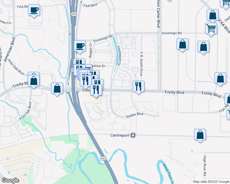 map of restaurants, bars, coffee shops, grocery stores, and more near 3901 Kirby Drive in Fort Worth