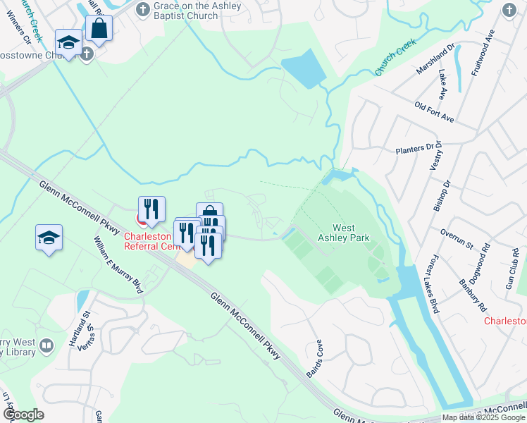 map of restaurants, bars, coffee shops, grocery stores, and more near 3590 Mary Ader Avenue in Charleston