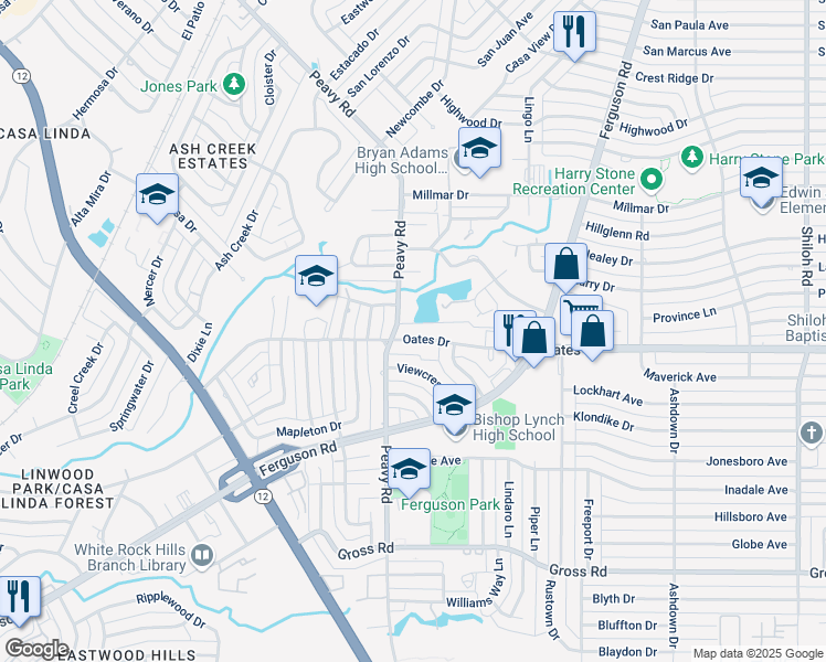 map of restaurants, bars, coffee shops, grocery stores, and more near 1804 Oates Drive in Dallas