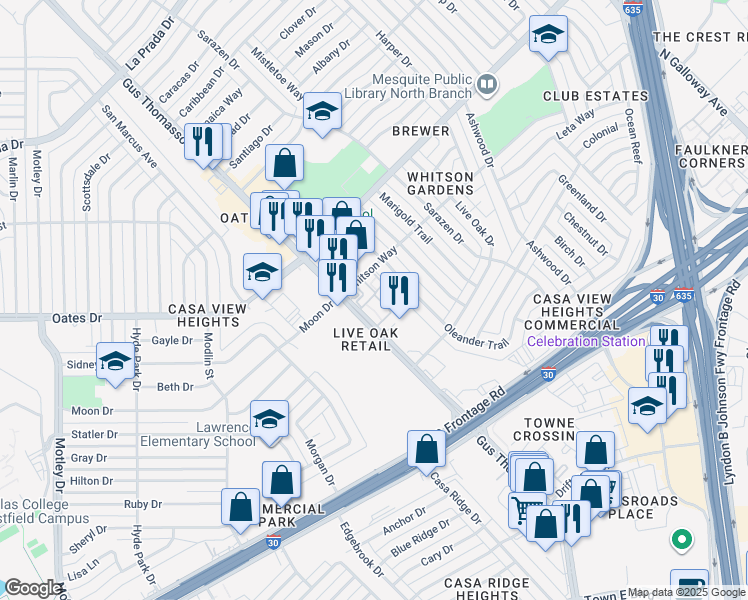 map of restaurants, bars, coffee shops, grocery stores, and more near 4300 Gus Thomasson Road in Mesquite