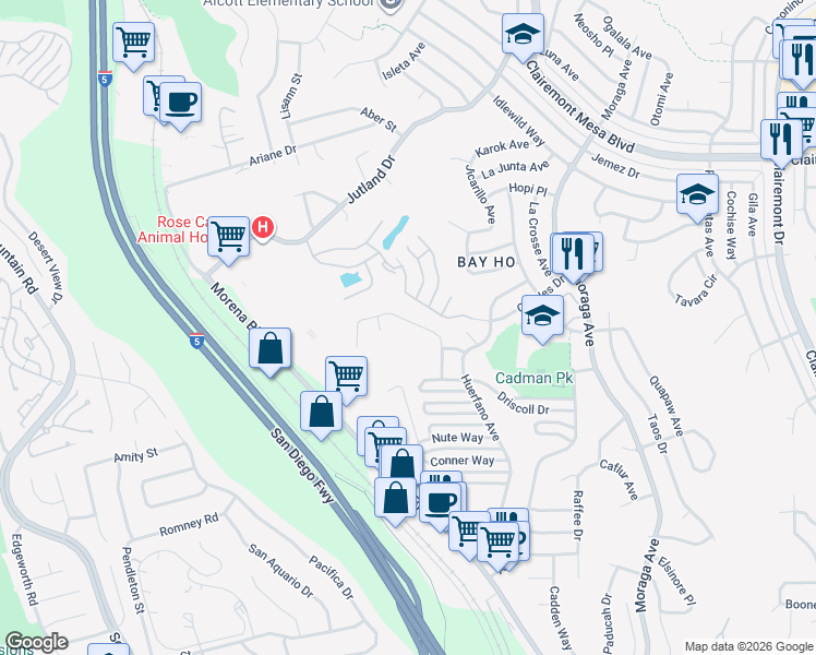 map of restaurants, bars, coffee shops, grocery stores, and more near 3133 Courser Avenue in San Diego