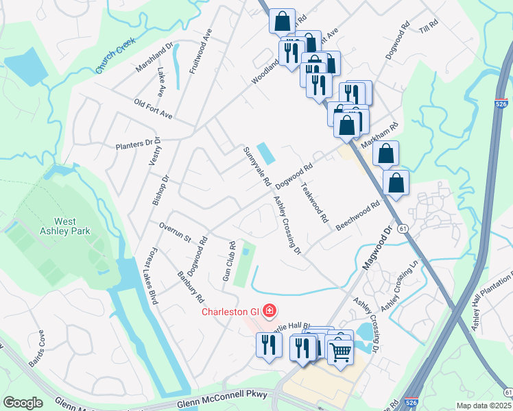 map of restaurants, bars, coffee shops, grocery stores, and more near 1961 White Birch Lane in Charleston