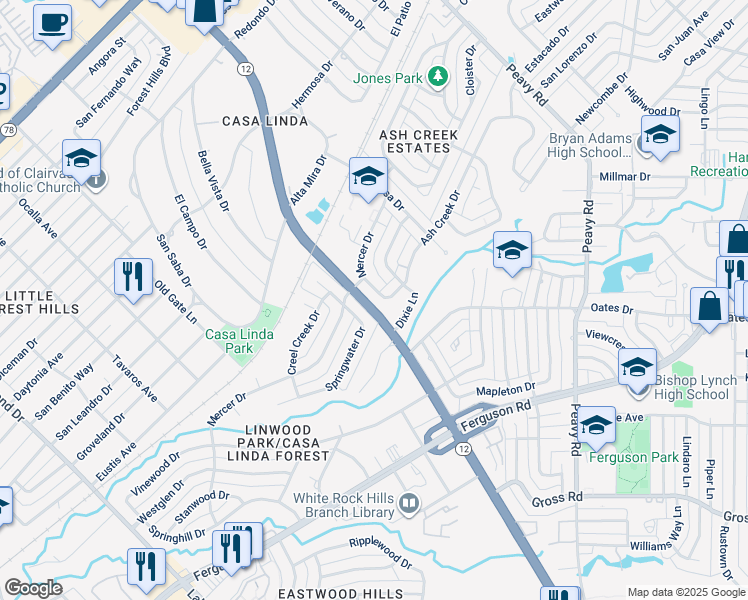 map of restaurants, bars, coffee shops, grocery stores, and more near 9440 Springwater Drive in Dallas