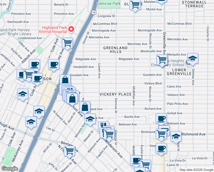 map of restaurants, bars, coffee shops, grocery stores, and more near 5335 Miller Avenue in Dallas