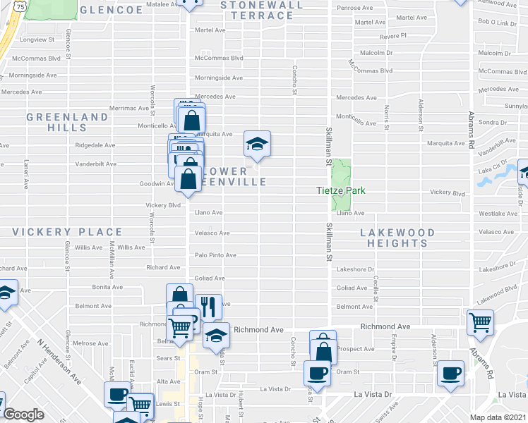 map of restaurants, bars, coffee shops, grocery stores, and more near 5905 Llano Avenue in Dallas
