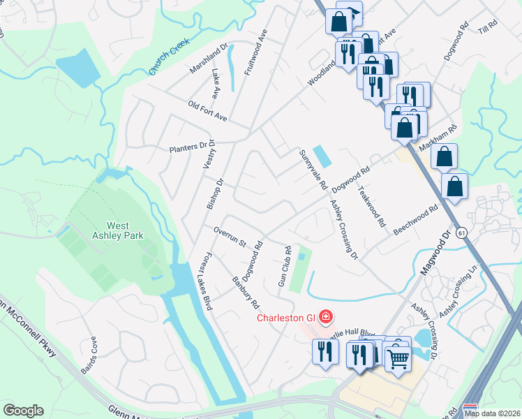 map of restaurants, bars, coffee shops, grocery stores, and more near 1954 Green Park Avenue in Charleston