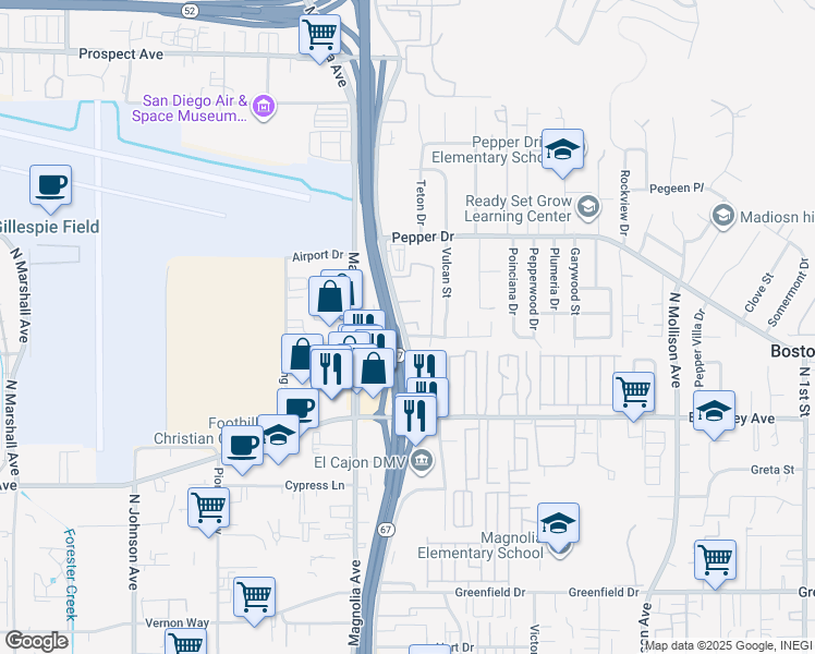 map of restaurants, bars, coffee shops, grocery stores, and more near 309 Sun Court in El Cajon