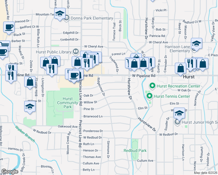 map of restaurants, bars, coffee shops, grocery stores, and more near 649 Oak Drive in Hurst