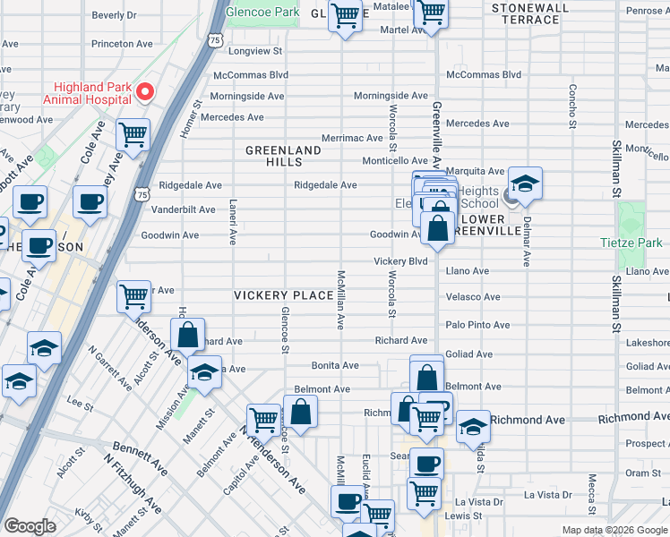 map of restaurants, bars, coffee shops, grocery stores, and more near 5454 Vickery Boulevard in Dallas