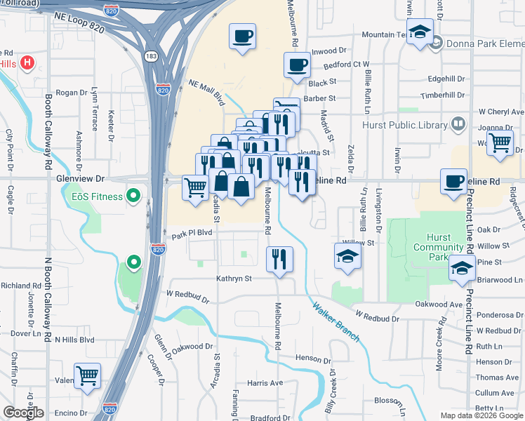 map of restaurants, bars, coffee shops, grocery stores, and more near 705 Melbourne Road in Hurst