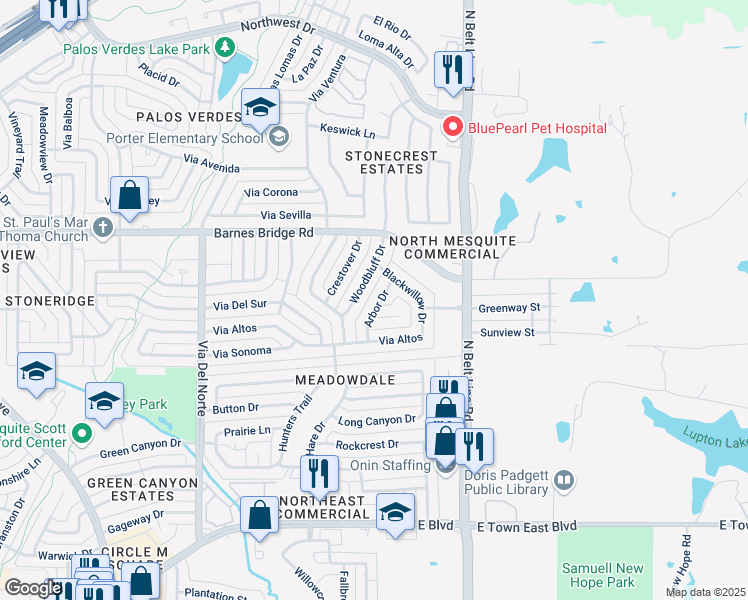 map of restaurants, bars, coffee shops, grocery stores, and more near 4117 Arbor Drive in Mesquite