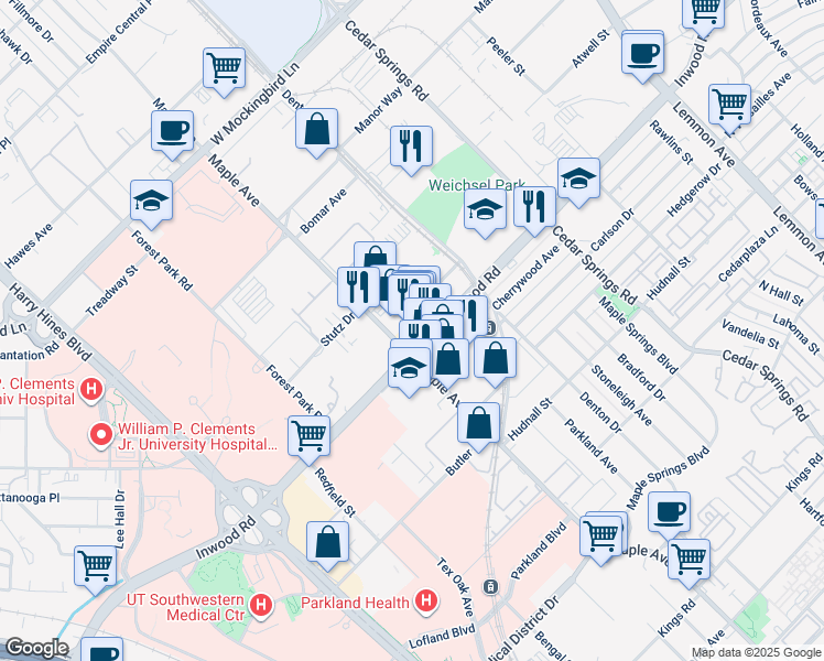 map of restaurants, bars, coffee shops, grocery stores, and more near 2525 Inwood Road in Dallas