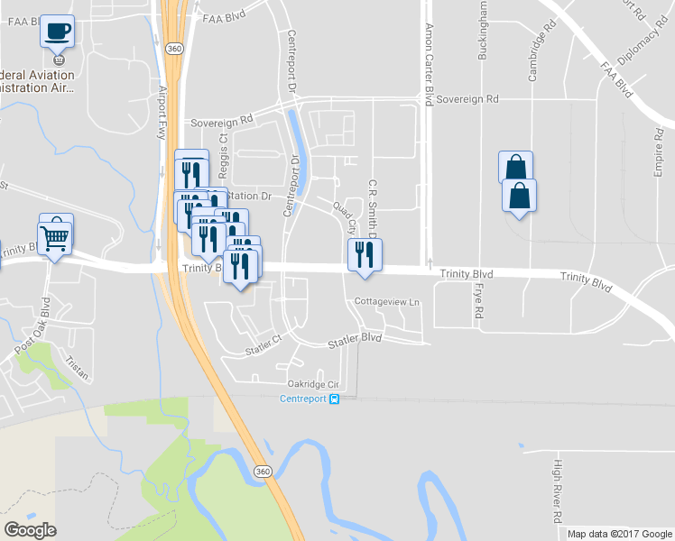 map of restaurants, bars, coffee shops, grocery stores, and more near 14469 Trinity Boulevard in Fort Worth