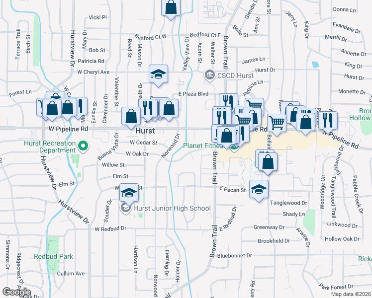 map of restaurants, bars, coffee shops, grocery stores, and more near 132 East Oak Drive in Hurst