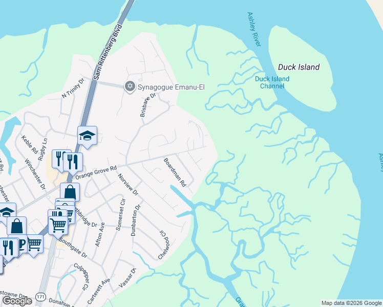 map of restaurants, bars, coffee shops, grocery stores, and more near 8 Trachelle Lane in Charleston