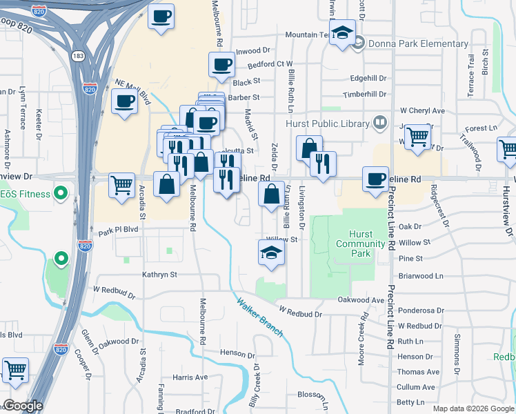 map of restaurants, bars, coffee shops, grocery stores, and more near 712 Castle Drive in Hurst